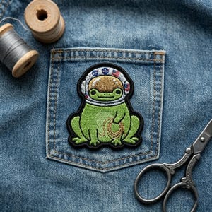 May include: An embroidered patch featuring a green frog wearing a white astronaut helmet with a gold visor. The helmet is decorated with small NASA logos and an American flag. The frog is holding a coiled tan rope in its hand, rendered in thread.