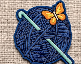 Custom Crochet Yarn Ball Patch, Butterfly Embroidery, Iron On Fiber Art Badge