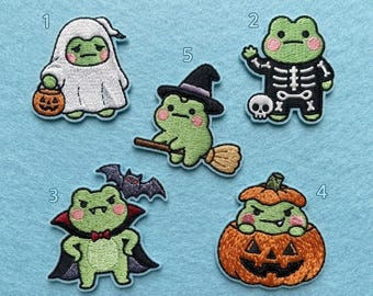 Cute Halloween Frog Embroidered Patch Set, Spooky Season Iron On Applique, Ghost Witch Vampire Skeleton Frog Badge