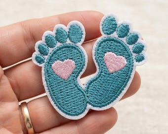Baby Feet Iron On Patch, Teal Blue Footprint Embroidered Applique, Sweet Heart Design Badge