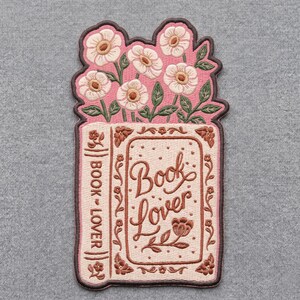 Floral Book Lover Embroidered Patch, Cottagecore Tatami Stitch Badge