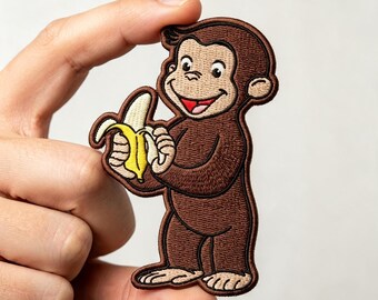 Monkey Embroidered Patch, Monkey With Banana  Iron-On Sew-On Badge, Cute Animal Applique