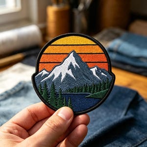 May include: A circular embroidered patch featuring a landscape scene with a snow-capped mountain range, a dark blue lake, and a dense forest of green pine trees. The sky is depicted with horizontal stripes of yellow and orange sunset colors.