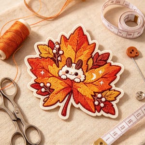 May include: An embroidered patch shaped like a large autumn maple leaf in shades of orange, red, and yellow. A small white creature with brown ears peeks from the center. The patch features white berry sprigs, a crescent moon, and stars.