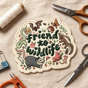 May include: An embroidered patch on cream fabric featuring the text "friend to wildlife" in dark green. The design includes a gray opossum, a brown bat, a hedgehog, a butterfly, a snake, a snail, a bird, and various small insects and flowers.
