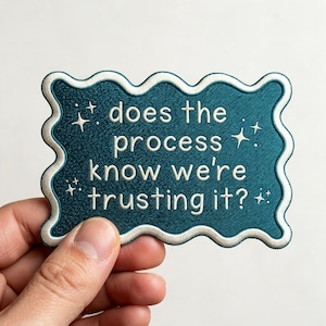 May include: A rectangular embroidered patch with a wavy border in teal and white. The teal center features white embroidered text that reads, does the process know we're trusting it?, surrounded by small white embroidered star accents.