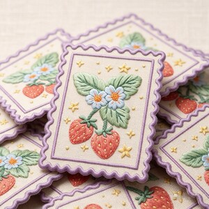 May include: A collection of rectangular fabric patches with scalloped edges embroidered in lavender thread. Each patch features a cream-colored background with a central design of two red strawberries, green leaves, light blue flowers, and yellow stars.