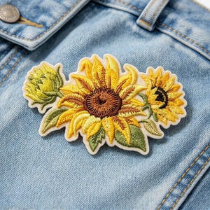 May include: An embroidered patch featuring a cluster of three sunflowers in various stages of bloom, showcasing vibrant yellow petals, dark brown centers, and green leaves, attached to a light blue denim fabric with visible stitching and a metal button.