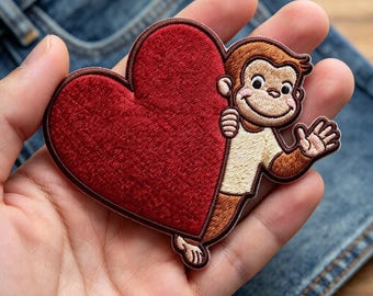 Cute Monkey Holding Red Heart Embroidered Patch, Cartoon Animal Iron On Patch, Custom Cute Animal Applique