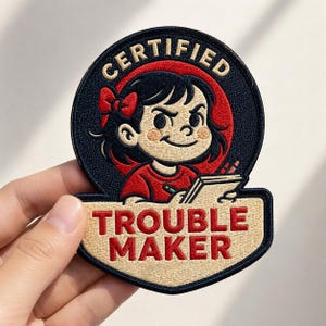 May include: A circular embroidered patch featuring a cartoon character with black hair and a red bow, writing in a notebook. The text reads CERTIFIED TROUBLE MAKER in red and cream thread against a dark blue and red background with a cream border.