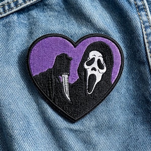 Purple Heart Ghostface Embroidered Patch, Spooky Horror Movie Iron On Patch, Aesthetic Scream Applique