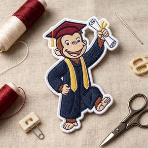 May include: An embroidered patch featuring a cartoon monkey wearing a dark blue graduation gown and a maroon mortarboard cap with a yellow tassel. The monkey is smiling and holding a white diploma tied with a yellow ribbon in one raised hand.