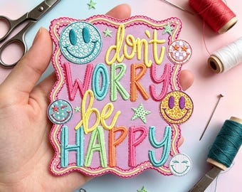 Embroidered Don't Worry Be Happy Patch, Retro Smiley Face Stars, Preppy Neon Accent (Iron-on)