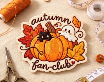 Autumn Fan Club Embroidered Patch, Cute Pumpkin Cat And Ghost Iron On Applique, Spooky Season Badge, Fall Vibe DIY Gift