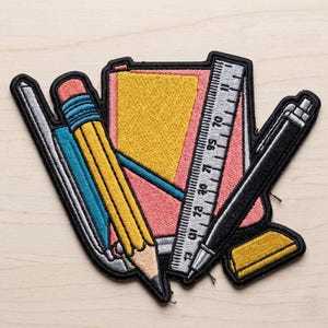 May include: An embroidered patch featuring a yellow pencil with a pink eraser, a blue marker, a pink notebook, a silver ruler with black markings, a black pen, and a yellow eraser, all outlined in thick black thread on a fabric backing.