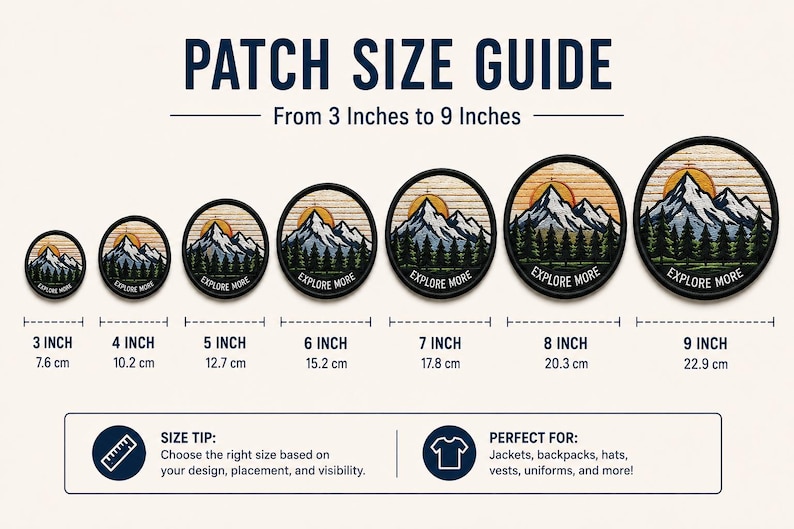 May include: A patch size guide displaying seven circular embroidered patches with a mountain and forest design, ranging from 3 inches to 9 inches in diameter. The text reads PATCH SIZE GUIDE, From 3 Inches to 9 Inches, and includes size labels.