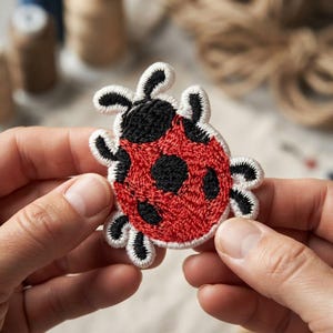 May include: An embroidered ladybug patch featuring a bright red body with black circular spots and a black head. The insect design is outlined in white thread, showcasing detailed stitching throughout the entire shape of the ladybug.