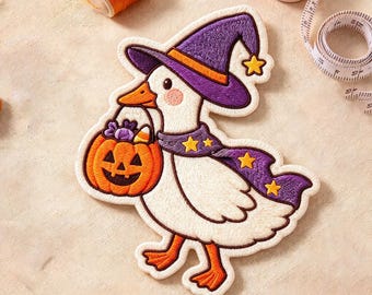 Cute Witch Duck Embroidered Patch, Spooky Goose Pumpkin Iron On Applique, Halloween Trick Or Treat Badge