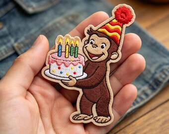 Birthday Monkey Embroidered Patch, Cute Animal Iron On Patch, Cartoon Monkey Applique, Party Badge, DIY Jacket And Backpack Decor