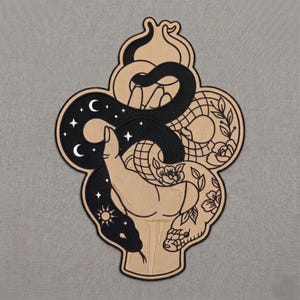 Hand Embroidered Snake Patch, Mystical Serpent Iron On Badge, Witchy Celestial Label
