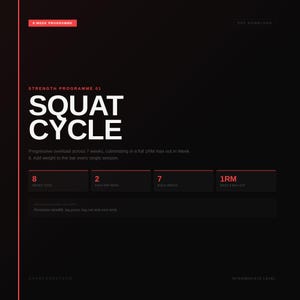 Può includere: Un programma di fitness digitale intitolato "SQUAT CYCLE" su sfondo nero. Il programma prevede un totale di 8 settimane, 2 giorni a settimana e 7 settimane di costruzione. Il programma è di livello intermedio e include un download PDF.