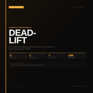 Può includere: Una guida digitale al programma di fitness con sfondo nero e accenti arancioni. Il titolo "DEAD-LIFT" è ben visibile. I dettagli includono il numero di settimane, giorni a settimana e settimane di costruzione. Il programma è di livello intermedio.