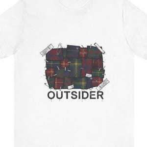 Outsider Graphic T-Shirt, Plaid Patchwork Tee, Vintage Style Streetwear Shirt, Minimalist Grunge Aesthetic Cotton Tee