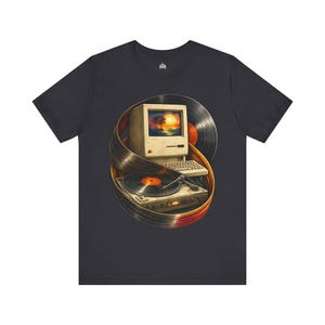 Retro Vinyl Record and Vintage Mac Computer Tee | Music Tech Graphic T-Shirt ZeroStressSociety