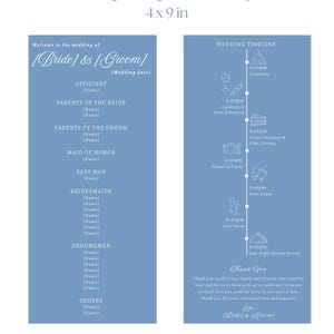 May include: A blue wedding program template with the text "Wedding Program Template" and dimensions of 4 x 9 inches. The program includes sections for the wedding party, timeline, and a thank you message. Bonus timeline symbols are included.