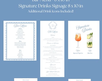 Modelli di segnaletica per bar per matrimoni: menù, bevande (icone incluse) / Completamente modificabili su Canva