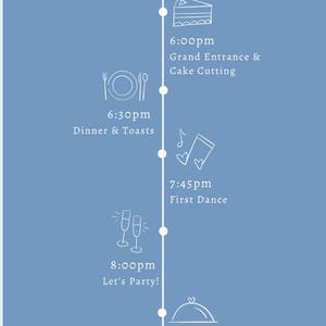 Pu&ograve; includere: Una timeline di matrimonio blu con illustrazioni e testo bianchi. Il programma include cerimonia, cocktail, cena, taglio della torta, primo ballo e spuntini a tarda notte. Il testo include "Grazie".