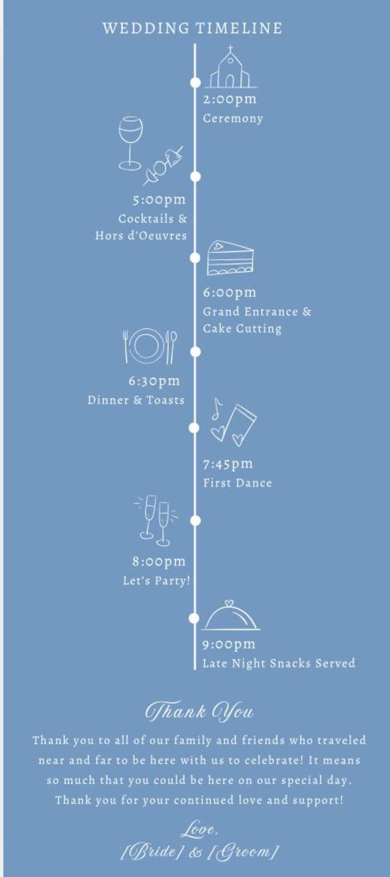 Pu&ograve; includere: Una timeline di matrimonio blu con illustrazioni e testo bianchi. Il programma include cerimonia, cocktail, cena, taglio della torta, primo ballo e spuntini a tarda notte. Il testo include "Grazie".