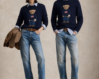 Marineblauwe Polo Bear trui | Vintage geborduurde trui met ronde hals