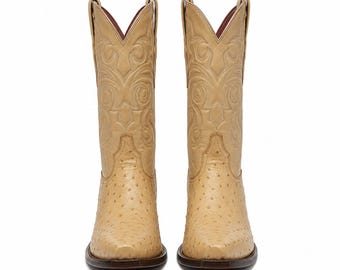 Men's Handmade Ostrich Leather Cowboy Boots, Tan Square Toe Western Ranch Footwear