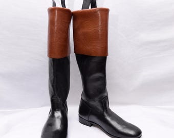 Handmade Leather Cavalier Riding Boots | 18th Century French Style, Black Brown Cuff