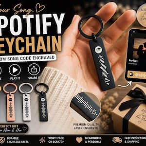 May include: A rectangular metal keychain featuring a laser-engraved Spotify code and logo. The keychain is available in gold, rose gold, silver, and black finishes. It includes a circular ring for attachment and displays a unique sound wave pattern.
