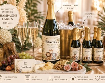 Etiquetas imprimibles para champán de baby shower con temática de safari, descarga instantánea, etiquetas editables para botellas de vino, etiquetas para mini champán, bebida de safari, BB3
