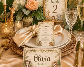 Plantilla de tarjetas de lugar para baby shower con temática de safari, descarga instantánea, tarjetas de nombre editables, tarjetas de asiento, tarjetas de acompañamiento imprimibles, decoración de mesa con temática de safari, BB3