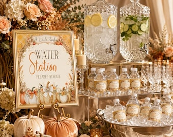 Letrero imprimible para estación de agua "A Little Pumpkin", descarga instantánea, estación de agua para baby shower de otoño, decoración para estación de bebidas, letrero para baby shower, BB6
