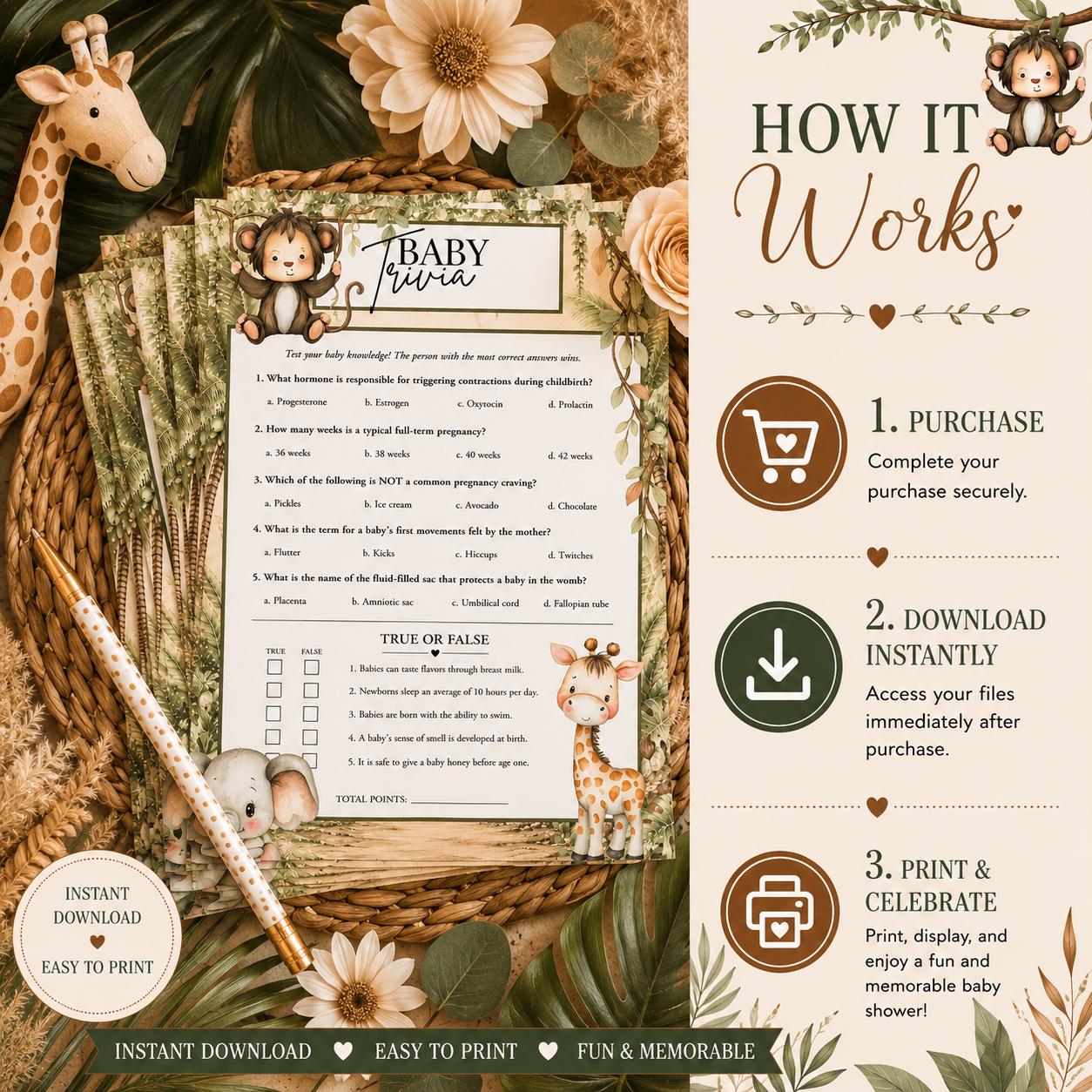 Safari Baby Trivia Game Printable, Instant Download, Safari Baby Shower ...