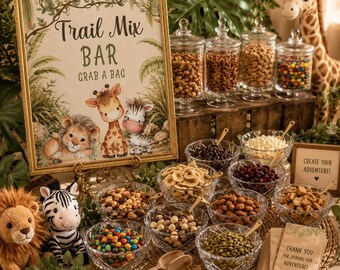 Letrero imprimible para barra de senderos de safari, descarga instantánea, decoración para baby shower de safari, letrero para barra de snacks de la jungla, estación de mezcla de frutos secos, fiesta Wild One, BB3