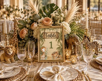 Letrero imprimible para números de mesa de baby shower con temática de safari, descarga instantánea, plantilla editable para números de mesa, decoración para recepción de baby shower con temática de la jungla, BB3