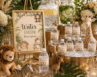 Paquete imprimible para estación de agua de baby shower con temática de safari, descarga instantánea, letrero para estación de agua y etiquetas personalizadas para botellas de agua, selva, BB3