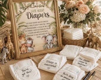 Safari Late Night Diapers Printable Sign, Instant Download, Baby Shower Game, Diaper Message Station, Printable Jungle Activity Sign, BB3