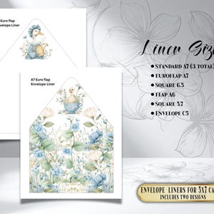 May include: Two envelope liners with floral and duck illustrations. One liner features a duck with a watering can, the other has a duckling in a teacup. The image also includes a list of liner sizes and text that reads "Envelope Liners for 5x7 Cards Includes Two Designs."