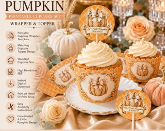 Ein kleiner Kürbis druckbare Cupcake-Wrapper & Topper, Sofortiger Download, Kürbis-Baby-Dusche Cupcake Dekoration, Herbst Dessert Tischdekoration,BB6