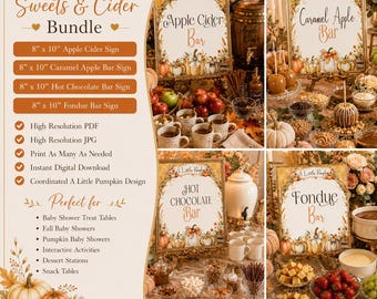 Gemütlicher Herbst Süßigkeiten & Cider Bundle, sofortiger Download, Herbst-Babyparty-Tischschilder, Apfelwein-Bar, heiße Schokoladenbar, Fondue-Bar, BB6
