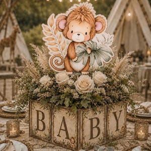 Utskrivbar mittpunktsdekoration för Safariapa, Safari babyshowerdekor, direkt nedladdning, dubbelsidig djungeldjursutklippning, neutral festdekor, BB3
