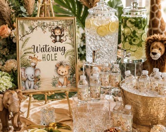 Letrero imprimible para baby shower con temática de safari, descarga instantánea, letrero para estación de agua, decoración para estación de hidratación en la jungla, letrero para bebidas, BB3