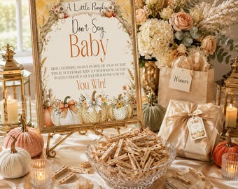 A Little Pumpkin Don't Say Baby Druckbares Spiel Zeichen, Sofort Download, Baby-Dusche-Spiel, Wäscheklammer Spiel, Herbst-Baby-Dusche-Zeichen, BB6